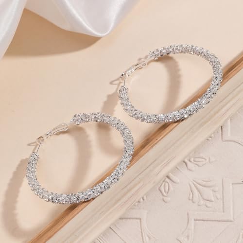 Large Silver Rhinestone Hoop Earrings Sparkly Big Hoop Earrings for Women Bling Chunky Silver Hoops 40/50/60/70mm Trendy Prom Wedding Christmas Jewelry - style: Diameter - 70mm