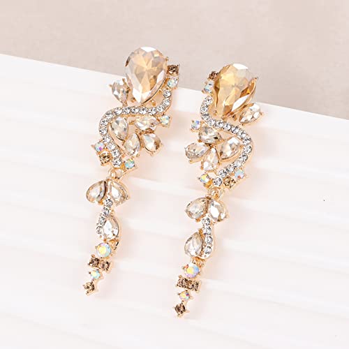 Fashion Rhinestone Statement Drop Dangle Earrings Long Colorful Crystal Bridal Wedding Teardrop Chandelier Earrings for Women Prom Pageant - color: Champagne