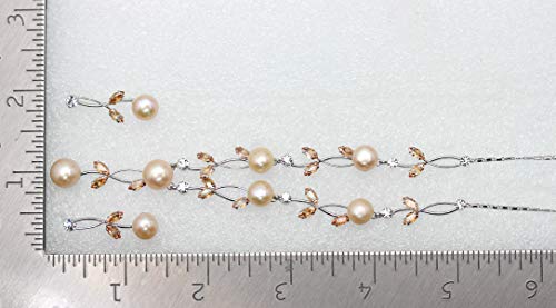 Faship Genuine Freshwater Pearls Floral Necklace Earrings Set | Premium CZ Crystal, Gorgeous, Sparkling - color: Brown
