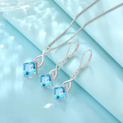 Infinity Necklace 925 Sterling Silver Princess Cut Pendant Birthstone Jewelry for Women - color: Sea Blue