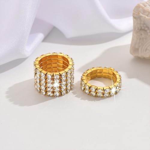 Fashion Silver Bling Rhinestone Crystal Stretch Rings Set for Women | Sparkly Rhinestone Elastic Finger Nail Ring Glitter Stretchy Stack Statement Knuckle Rings Cocktail Jewelry Accessories Pack - color: Gold