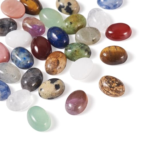 KISSITTY 28Pcs Gemstone Cabochons 14 Styles 6×8mm Round Oval Gemstones Cabochon Semi-Precious Natural Gems Crystal Stones Cabochons For Jewelry Making Bracelet Necklace Earring Pendant