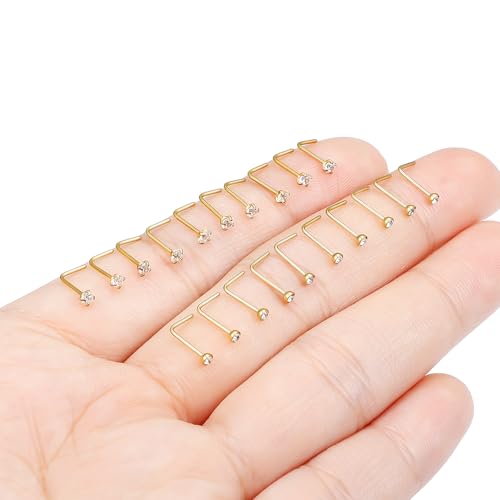 Hoeudjo Nose Studs Surgical Steel Cubic Zirconia Nose Rings Kit for Women Men Tiny Nose Stud Screw & Bone & L Shaped Nostril Piercing Jewelry 24-18 Gauge 20 Pieces Set - color: gold-tone,L-shaped nose studs, size: 22g/2.0mm clear CZ