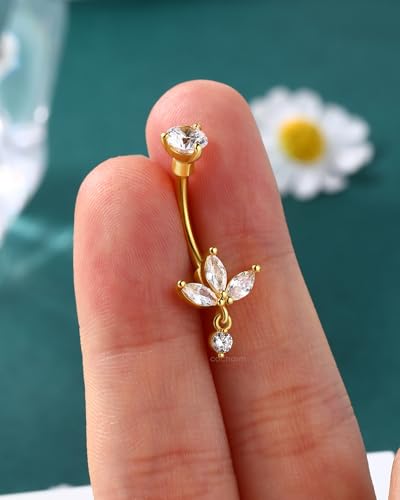 Lotus Belly Button Rings Dangle 14G Dangle Belly Navel Button Piercing Surgical Steel Navel Piercing Jewelry Dangling - color: YG-10MM