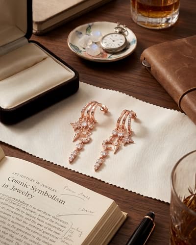 Gold Earrings for Women Trendy 14K Gold Plated Dangle Earrings Small Hoop Huggie Drop Stud Earrings Cubic Zirconia Simple Minimalist Dainty Chain Tassel Hypoallergenic Earrings - color: Celestial & Rose Gold