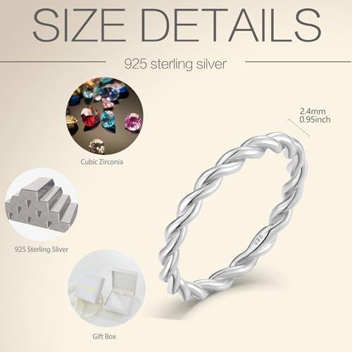 Twisted Rings 925 Sterling Silver Stackable Ring Jewelry Gifts for Women - color: 18K White Gold Plated, size: 8