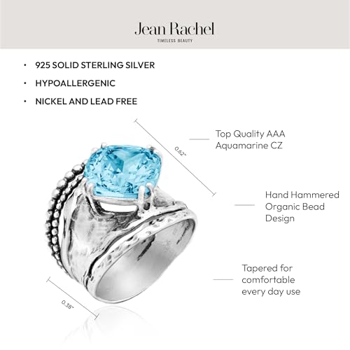 JEAN RACHEL JEWELRY 925 Sterling Silver Prong Solitaire Ring | Raised crown engagement style ring mounting a precision faceted brilliant Cubic Zirconia solitaire over stacked silver rows. - color: Aquamarine CZ