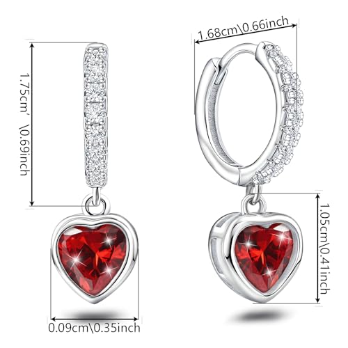 Heart Hoop Earrings with Dangle Sterling Silver Love Heart-Shaped Loop Earrings for Women Hypoallergenic Sparkle Birthstone Cubic Zirconia Hoop Earring with Dangling Charms Dainty Fashion Jewelry Gift - color: Red