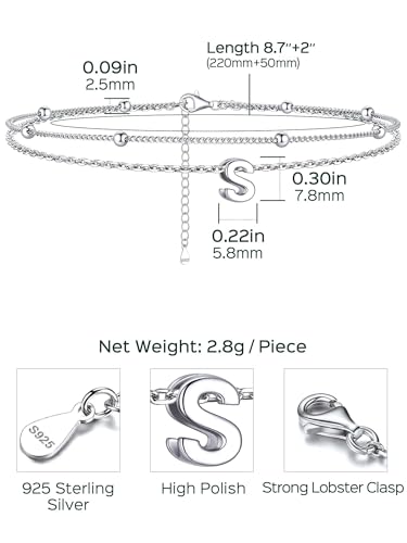 ChicSilver Ankle Bracelets for Women Waterproof, 925 Sterling Silver Initial Anklets for Women, Adjustable Dainty Layered Anklet Beach Jewelry for Women Mom Wife Friend - style: Silver-S