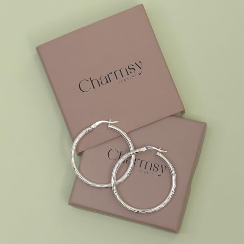 Charmsy 925 Sterling Silver Hoop Earrings | Lightweight Italian 2.5mm Tube Diamond-Cut Round Classic Hoops Earring for Women | Size 15/20/25/30/35/40/50/60/70mm | Small Medium Large - color: Diamond-Cut, size: 35 MM