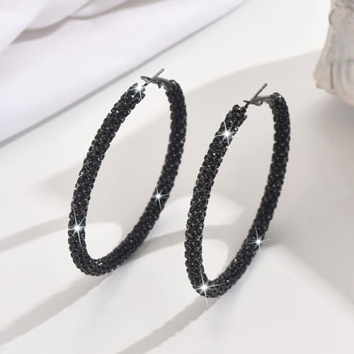 Large Gold Rhinestone Hoop Earrings Silver Sparkly Big Hoop Earrings for Women Black Earring Bling Chunky Silver Hoops 60mm Trendy Statement Earring for Women Bling Hoop for Prom Wedding Party Chunky Jewelry - style: Black Hoops 60mm