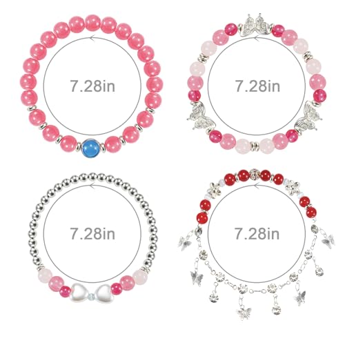 Besydec Stackable Boho Beaded Bracelets With Natural Stone & Pearl Heart & Clay Beads for Women,Adjustable Silver Jewelry - color: Red Silver