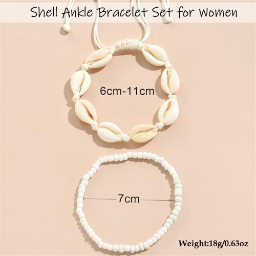 Shell Ankle Bracelet Set for Women,Boho Adjustable Beads Anklet Pack Natural White Shells Stack Stretch Seashell Pearl Starfish Bracelet Set Hawaiian Beach Vacation Foot Jewelry - style: J-Shell Beads