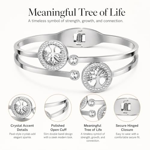 Gold Tree of Life Bangle Bracelet for Women, 18K Gold Plated Stainless Steel Double Layer Spring-Open Bangle, Meaningful Dainty Jewelry Gift - color: TREE SILVER