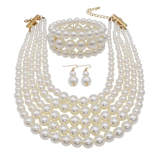 Faux Big Pearl Srand Necklaces for Women 5 Layers Pearls Choker Bib Collar Necklace Bracelet and Earrings set 1920s Costume Pearl Jewelry Bridal Wedding - color: white