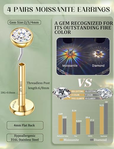 8 Pcs Moissanite Nose Studs Flat Back Earrings 16G/18G/20G | 14K Gold Plated Hypoallergenic Nose Studs, Moissanite Nose Rings for Women Men, Lip, Helix, Conch Piercing Jewelry, Flat Back - color: Gold| 20G(0.8MM)-Bar-6/8MM&Moissanite-2/3/4MM