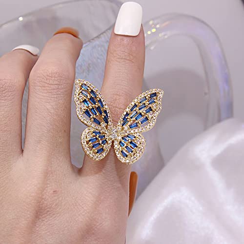 Butterfly Rings for Women Adjustable Golden Cocktail Ring Sparkly Stones Statement Silver Bow Open Wrap Bow Jewelry Bridesmaids Wedding Valentine’s Day Gift Lover Mother - color: JZ03-Gold Blue