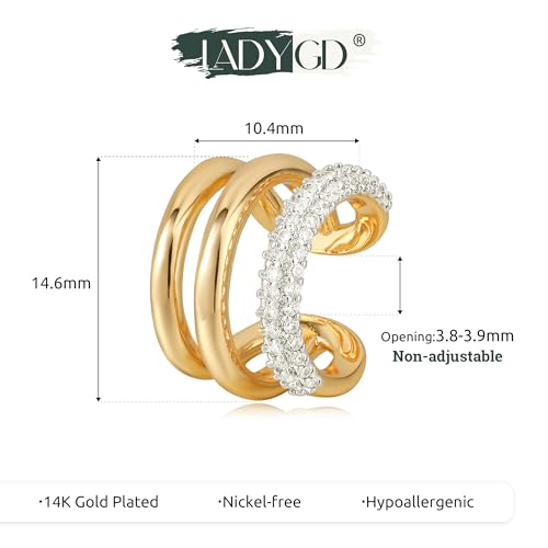 Sparkle Ear Cuff for Women, Non Piercing Single | 14K Gold Plated Brass, Clear Cubic Zirconia Accents, Fixed 3.8-3.9 mm Opening, Single Non-Piercing Cuff For Ear Stacks - style: Sparkle Split Trio