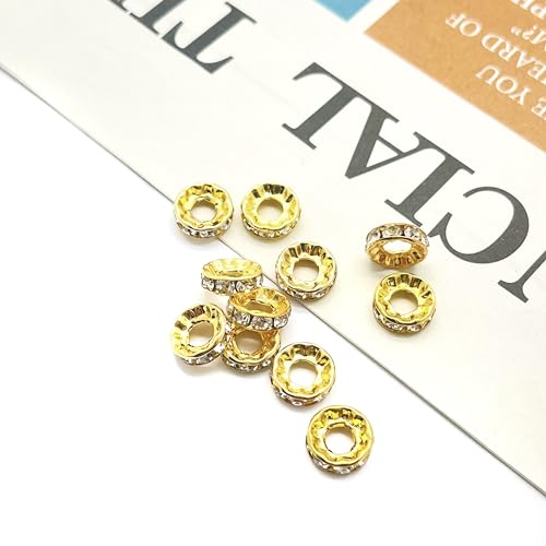 100pcs Large Hole Rhinestone Spacer Beads 10mm Gold Plated Czech Crystal Rhinestone for DIY Jewelry Making Charms Bracelet (Gold) - color: Gold