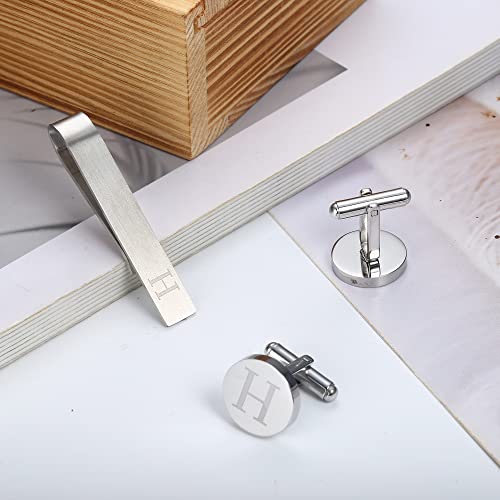 Initial Cuff Links Mens and Tie Clips for Men | Classic Silver Letter Alphabet A-Z Cufflinks and Tie Bar Set, Gifts for Men Father Husband for Formal Business Wedding - style: H