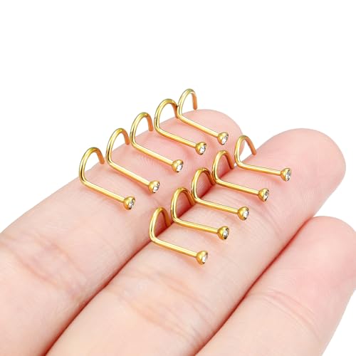 Hoeudjo Nose Studs Surgical Steel Cubic Zirconia Nose Rings Kit for Women Men Tiny Nose Stud Bone & Screw & L Shaped Nostril Piercing Jewelry 18/20/22/24 Gauge 10 Pieces - color: gold-tone,screw nose studs, size: 20g/2mm clear CZ
