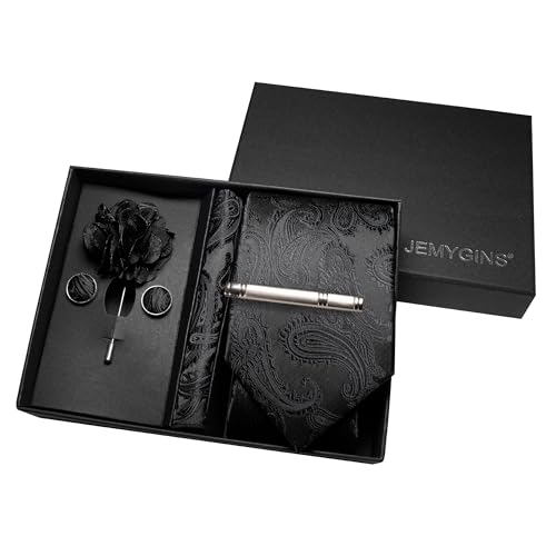JEMYGINS Mens Paisley Tie and Pocket Square,Lapel Pin,Cufflinks,Tie Clip Sets with Gift Box 5PCS - color: Maroon