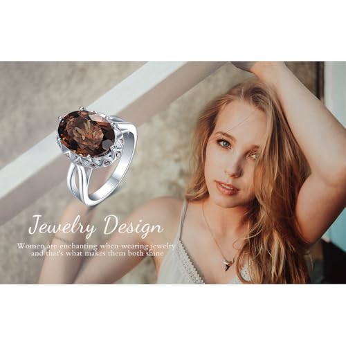 JewelryPalace Huge Oval Shape 5.7ct Genuine Smoky Quartz Cocktail Rings for Her, 14K White Yellow Rose Gold Plated 925 Sterling Silver Ring for Women, Natural Gemstone Jewelry Sets Rings - color: 1-Brass
