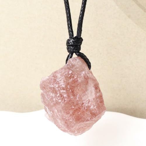 FANASY Natural Raw Crystal Necklace for Women Irregular Stone Necklaces Spiritual Gemstone Pendant with Adjustable Rope - color: Strawberry Quartz