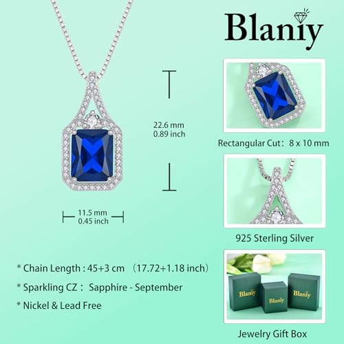 Created Gemstone Necklace 925 Sterling Silver Halo Rectangular Pendant Birthstone Necklaces Jewelry Gifts for Women - color: 09 September - Sapphire