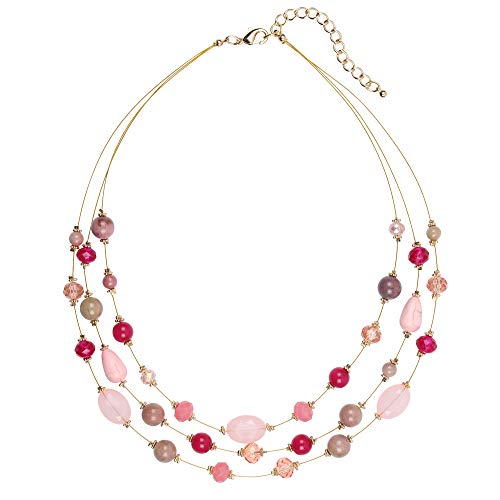 Coiris 3 Layers Illusion Wire Beaded Statement 19.5" Necklace for Women - color: ST0001-Pink Mix
