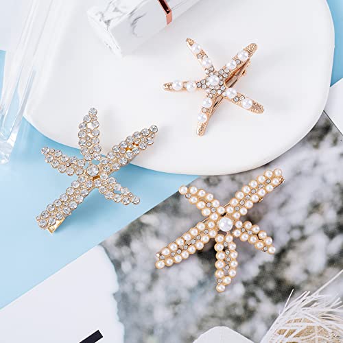 PAGOW 3 PCS Starfish Hair Clips, Gold Rhinestone Pearls Crystal Hair Clips | Sea Star Ponytail Holder, Faux Pearl Crystal Wedding Headpiece Hair Accessories For Women, Girls, Bride(1.73 x 2.48 Inch) - color: 3pcs-gold,style1