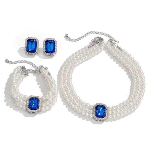 Wekicic Faux Pearl Necklace Earrings Set for Women Crystal Pearl Choker Necklace Bracelet Set 1920s Jewelry for Wedding Party - color: Blue
