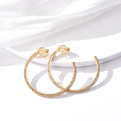 YOQUCOL 4.3CM(1.7in) Clip On Hoop Earrings Cubic Zirconia Non Pierced Ears Hoops for Women - color: 55MM-Gold