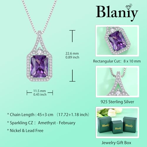 Created Gemstone Necklace 925 Sterling Silver Halo Rectangular Pendant Birthstone Necklaces Jewelry Gifts for Women - color: 02 February - Amethyst