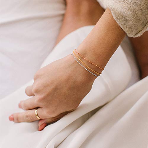 MEVECCO Dainty Chain Bracelets for Women, Layered and Charm Styles | 14K Gold Plated Brass, Select Cubic Zirconia Accents, Single and Multi-Row Structures for Refined Everyday Wristwear - style: Satellite Chain 3 Tone