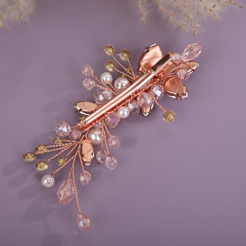 Teyglen Bridal Rhinestone Hair Clip Pink Pearl Crystal Hair Barrette Sparkly Hair Piece Wedding Hair Clips Hair Accessories Jewelry for Women (Pink) - color: Pink