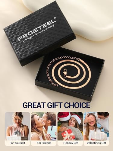 PROSTEEL 3mm/5mm Herringbone Choker Necklace for Women, 12.5"/15"/18", Stainless Steel/Sterling Silver Flat Snake Chain in Silver/Yellow Gold/Rose Gold/Black, Come with Box - color: 3mm-Rose Gold Plated, size: 12.5 Inch