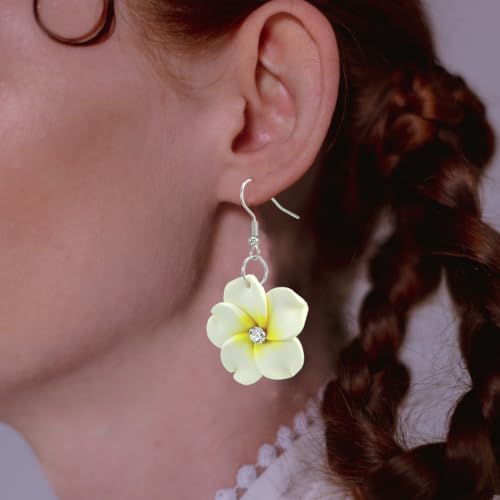 Floral Dangle Earrings for Women Hawaiian Tropical Plumeria Rubra Flower Drop Earrings with Cubic Zirconia Luau Beach Party Vacation Hawaiian Accessories Jewelry Gift - color: White