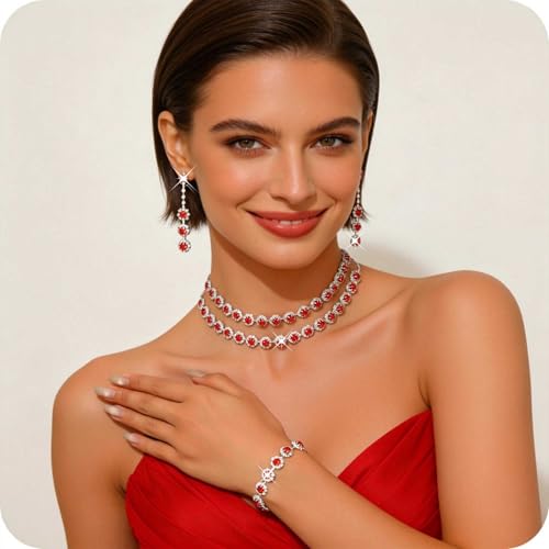 Rhinestone Bridal Wedding Jewelry Set,Crystal Necklace Earrings Bracelet Sets Formal Costume Jewelry for Women and Brides - color: RED
