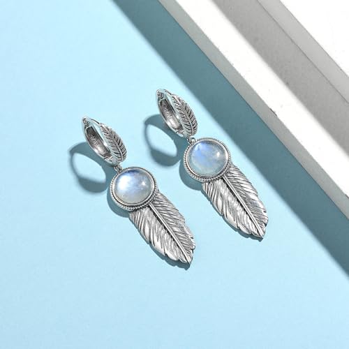 AVECON Feather Earrings for Women with 10mm Round Moss Agate/Moonstone/Mother of Pearl 925 Sterling Silver Dangle Earrings Lever Back Drop Earrings Jewelry Gifts for Her