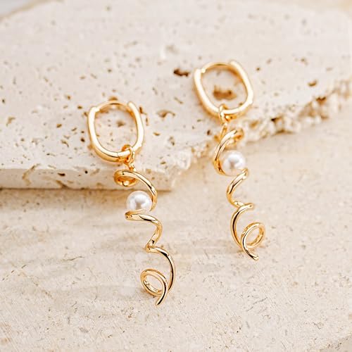 YOIHUR Drop Dangle Pearl Earrings for Women, Dainty 14K Gold Plated Pearl Hoop Earrings Hypoallergenic Wedding Pearls Dangle Earrings Jewelry Gift for Women Bridal - color: Gold-Special Pearl Earrings