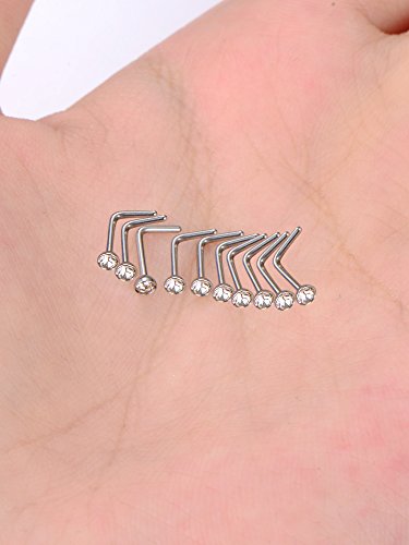 Mudder 20 Pieces Curved Nose Stud Stainless Steel Nose Ring Crystals L Bend Nose Screw Piercing, 20 Gauge - color: White