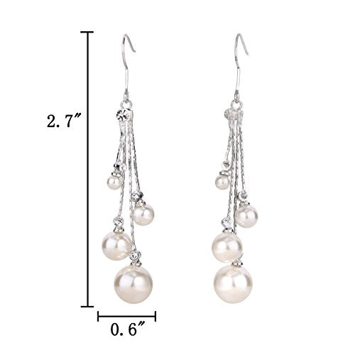 EleQueen Women's Silver-tone Crystal Simulated Pearl 4 Chain Bridal Long Dangle Hook Earrings Ivory Color - color: A-Silver-tone