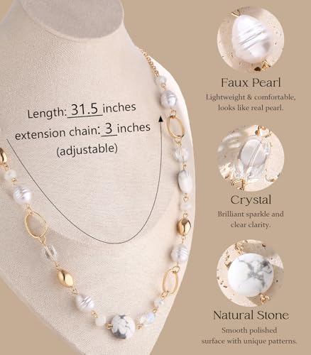 Long Gold Necklaces for Women Trendy Beaded Chain Necklace Chunky Costume Jewelry Gifts for Her - color: White Crackle