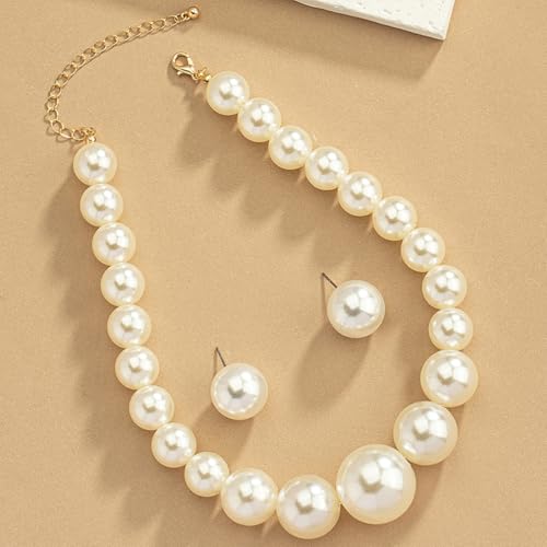 Large Beaded Pearl Necklaces Earrings Set for Women Fashion Prom Party Round Balls Bead Pearls Jewelry Set White Big Chunky Necklace Ball Earring Gift