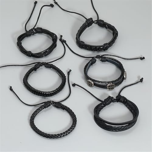 Leather Cuff Bracelet for Men Women, Multilayer Braided Wristband, Adjustable 6.5-9.5 Inches Wrap Bracelets Punk Gothic Grunge - color: Dollar set - 6Pcs
