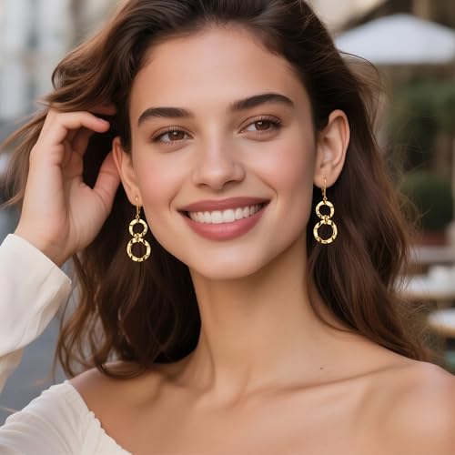 ALEXCRAFT Gold Hammered Double Circle Leverback Dangle Earrings | Hypoallergenic, Drop Handmade, Hammered Round, Minimalist Boho - color: A-14k Gold