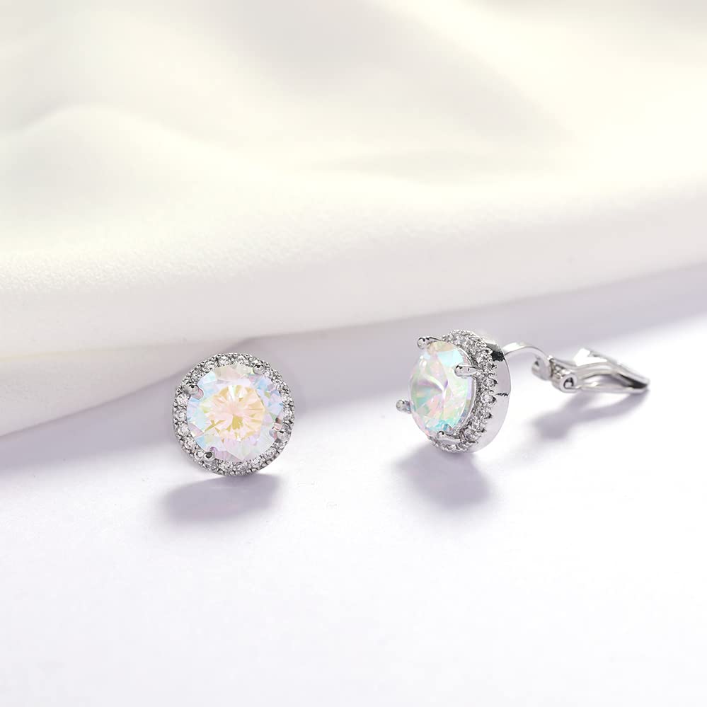 YOQUCOL 10MM Cubic Zirconia Crystal Clip On Stud Earrings Round Non Pierced Earrings for Women - color: Aurora Borealis