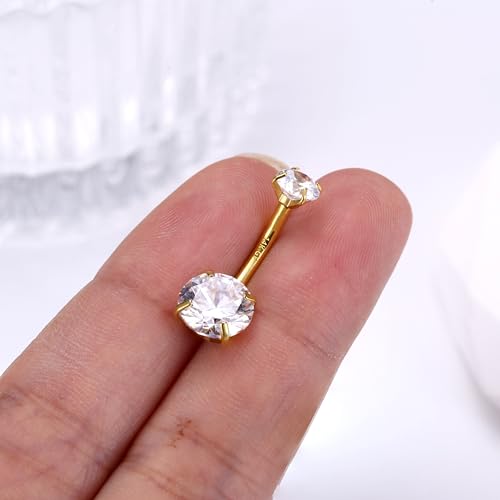14G Surgical Steel G23 Titanium Sterling Silver 14K Gold Plated Belly Button Rings for Women Round Cubic Zirconia Navel Barbell Stud Hypoallergenic Body Piercing Jewelry - color: 14K Gold Plated, size: 12mm-Loose