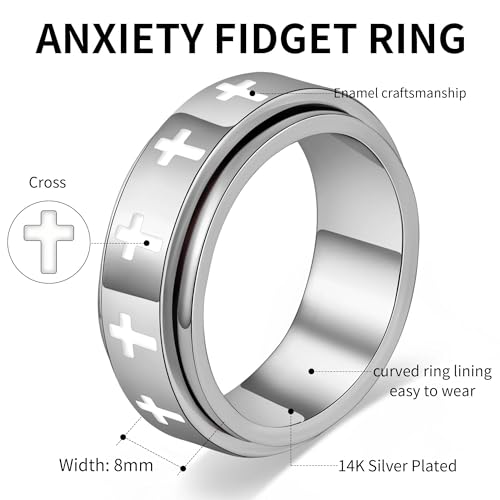 Fidget Anxiety Spinner Rings for Women | 14K Gold Silver Plated, 8mm Thick Stainless Steel Band Ring, Statement Cross Flower Spinning Rings, Jewelry Gifts, Size 6-10 - color: Silver-Cross